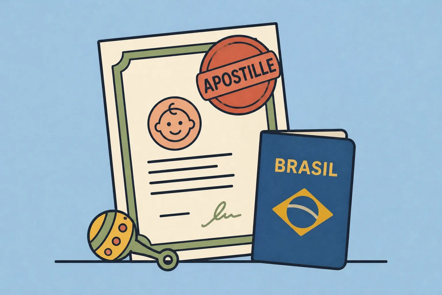 Illustration of a birth certificate stamped with an APOSTILLE seal next to a Brazilian passport and a baby rattle.