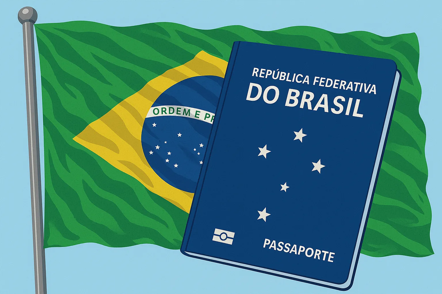 Bandeira do Brasil ao lado de um passaporte brasileiro