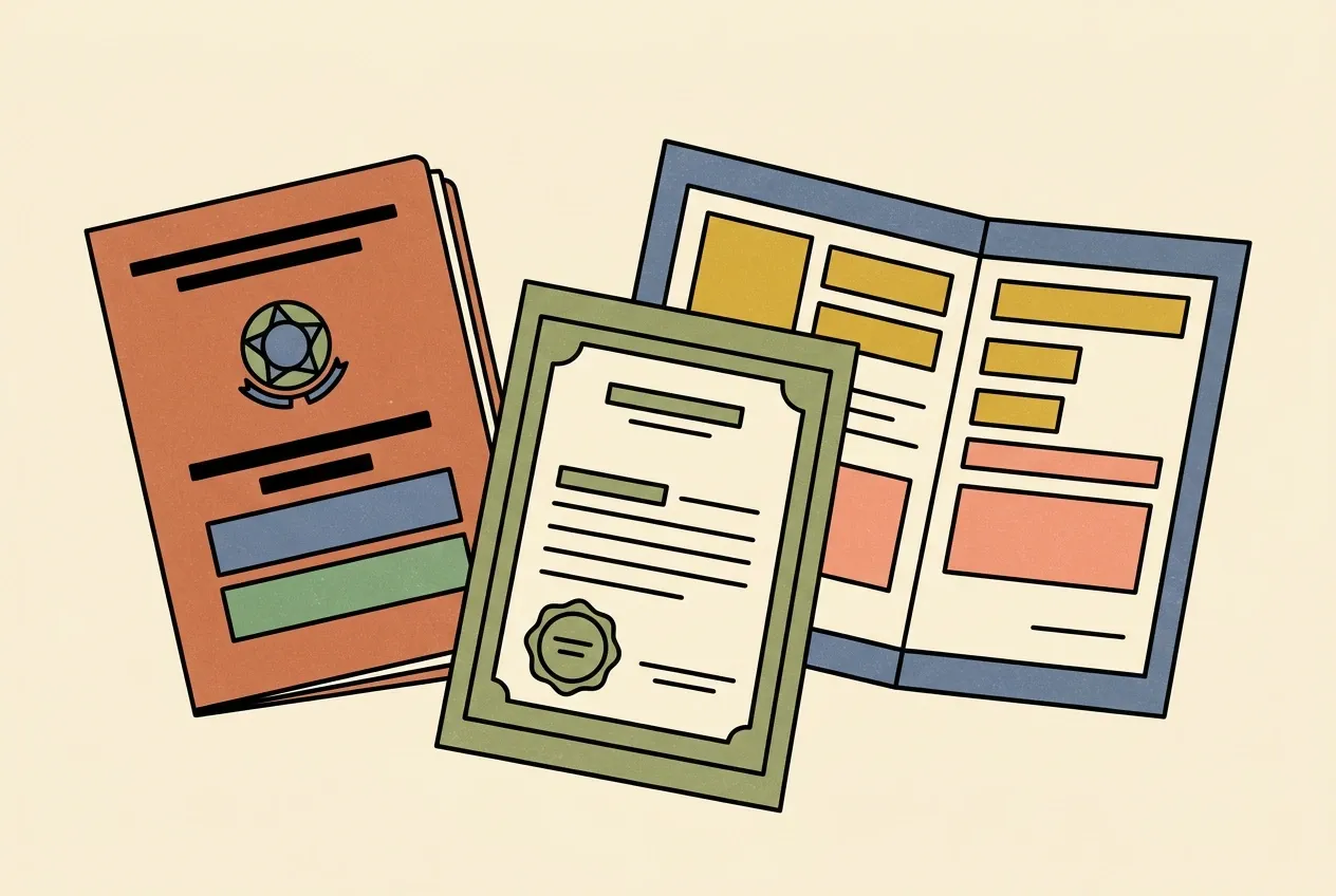 Illustration of a passport, a sealed certificate, and an open official document