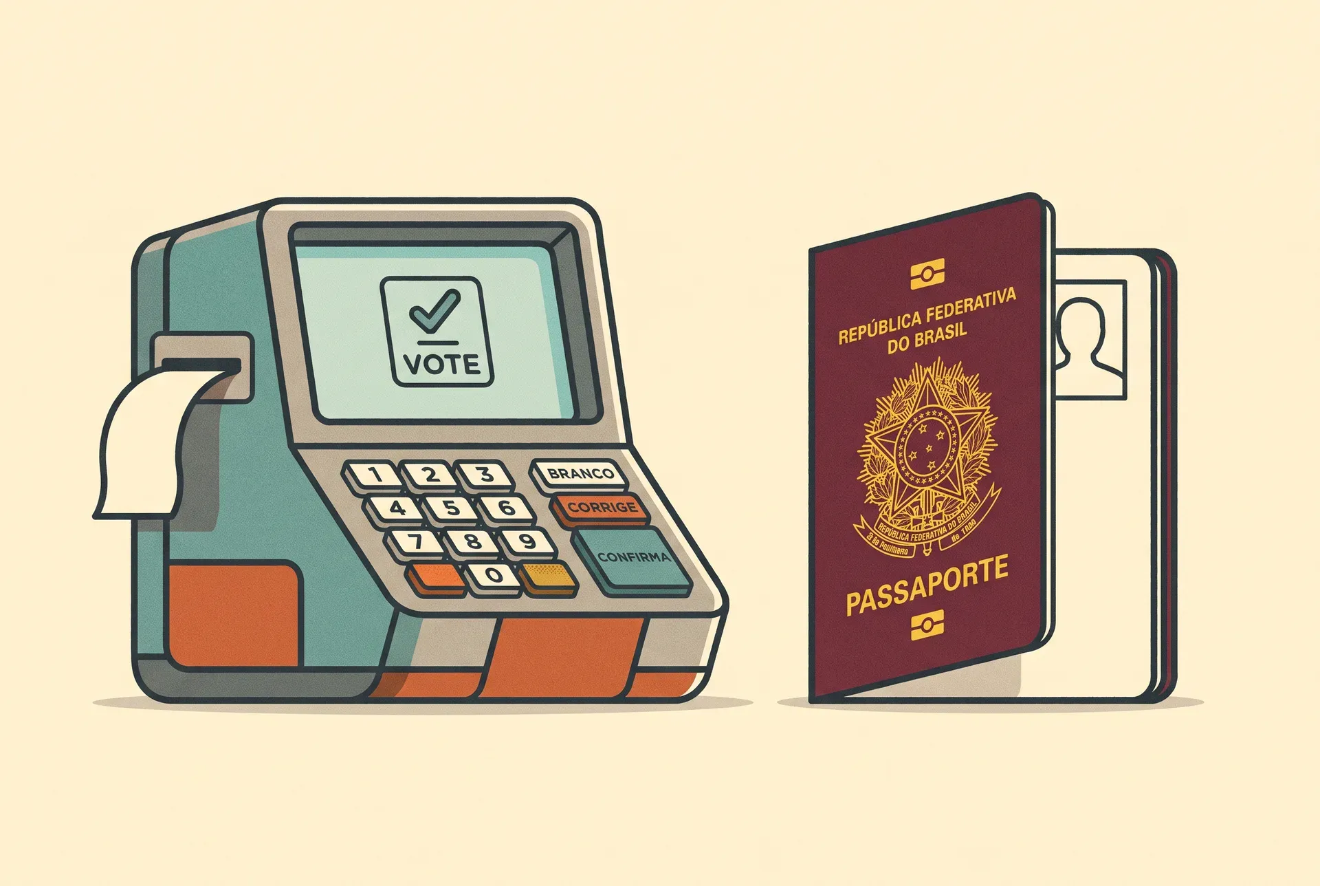 Urna electrónica brasileña junto a un pasaporte, representando el voto de los brasileños en el exterior