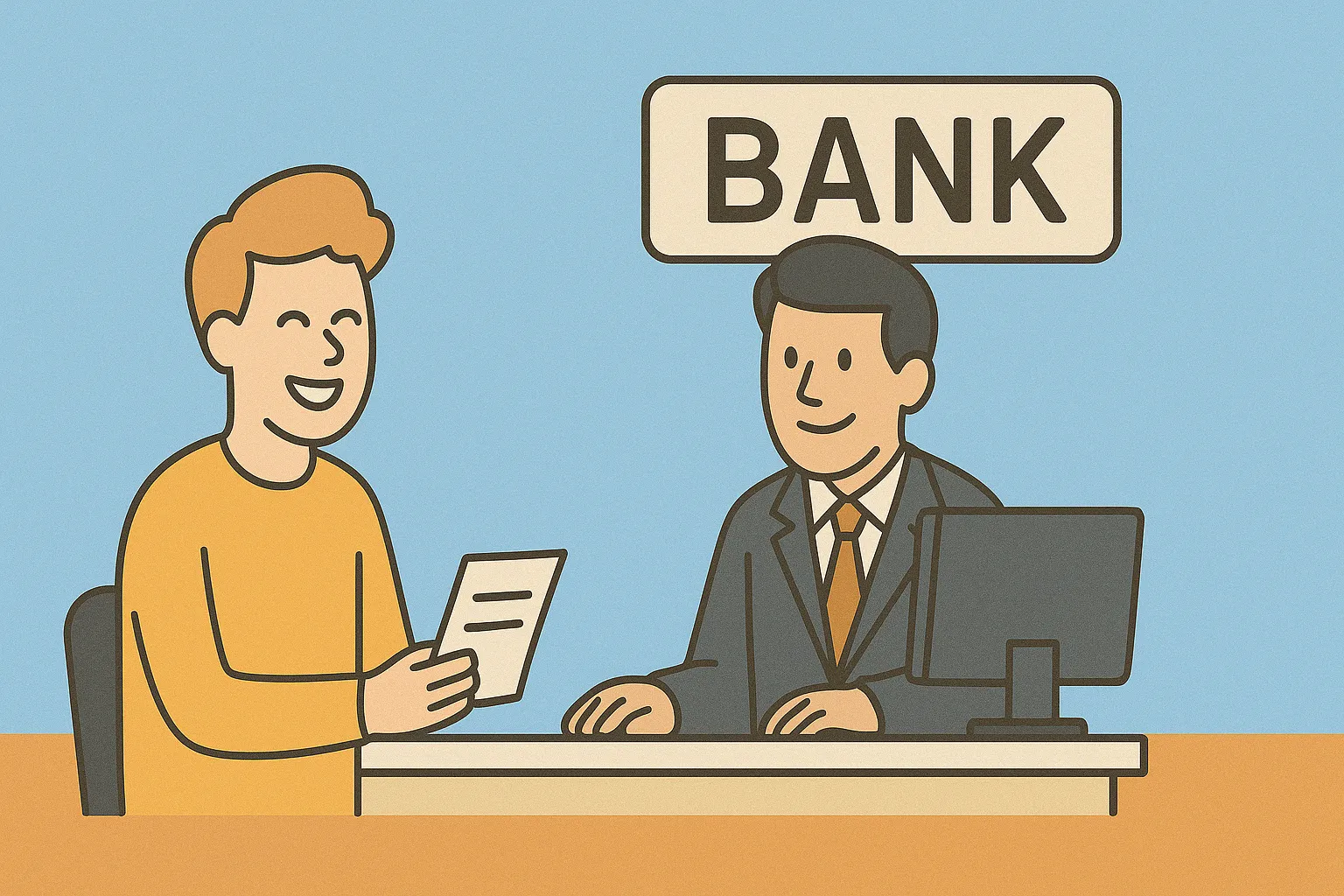 Ilustração de cliente conversando com gerente em uma agência bancária