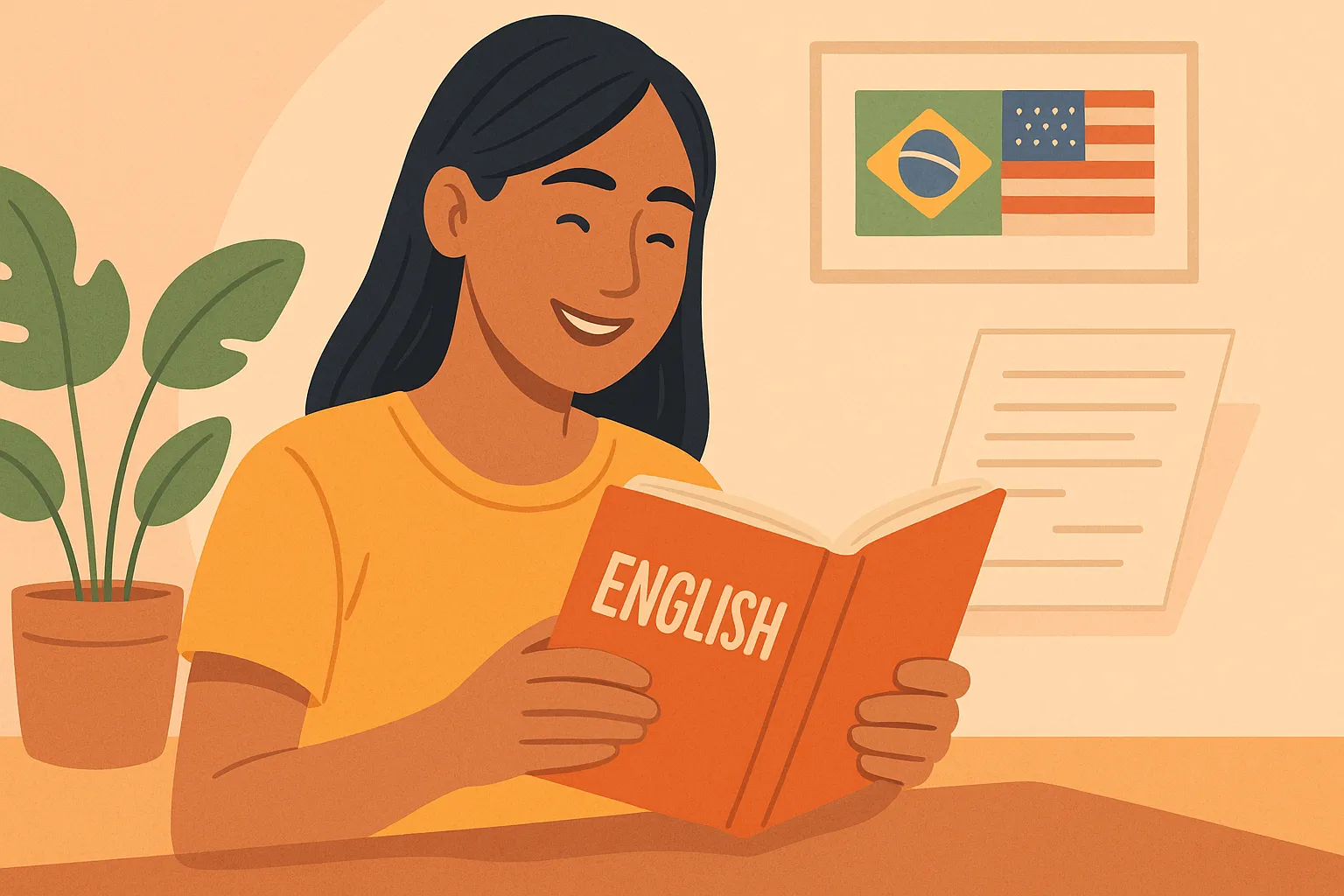 Ilustração de mulher estudando inglês morando nos EUA