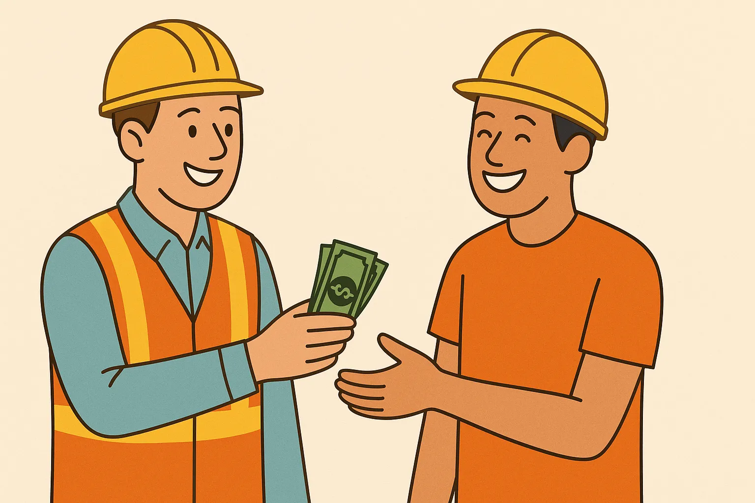 Ilustração de trabalhadores da construção civil sorrindo com dinheiro em mãos