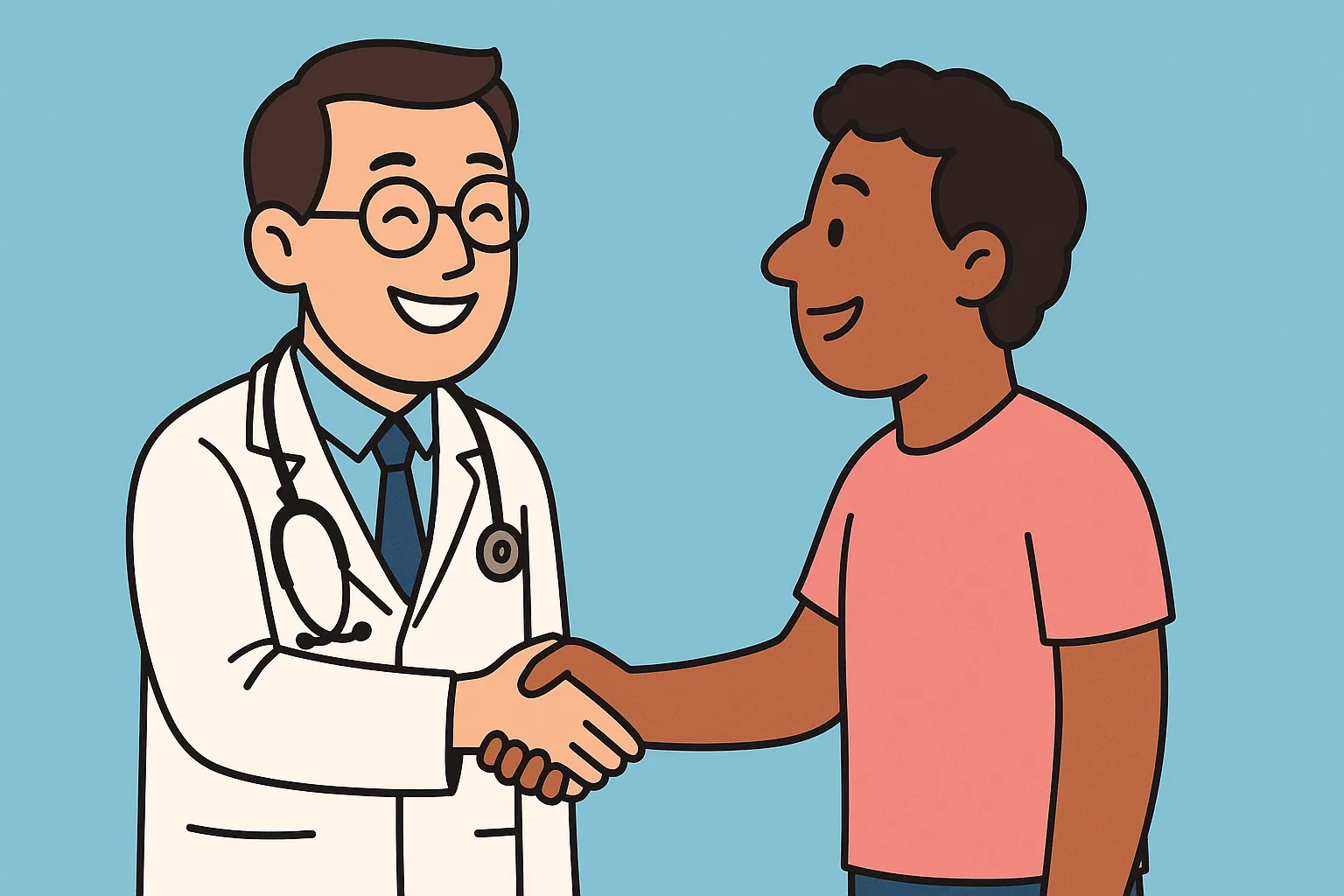 Ilustração de médico cumprimentando paciente com um sorriso