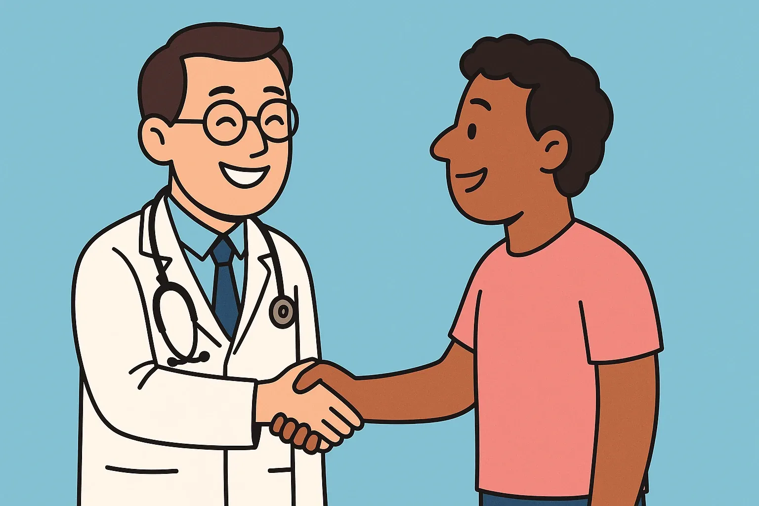 Ilustração de médico cumprimentando paciente com um sorriso
