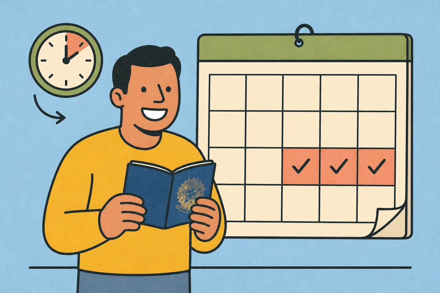 Ilustración de un hombre sosteniendo un pasaporte estadounidense junto a un calendario con octubre, noviembre y diciembre resaltados.