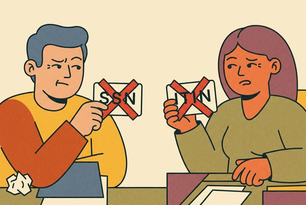 Illustration of a man and a woman holding SSN and ITIN cards crossed out with a red X