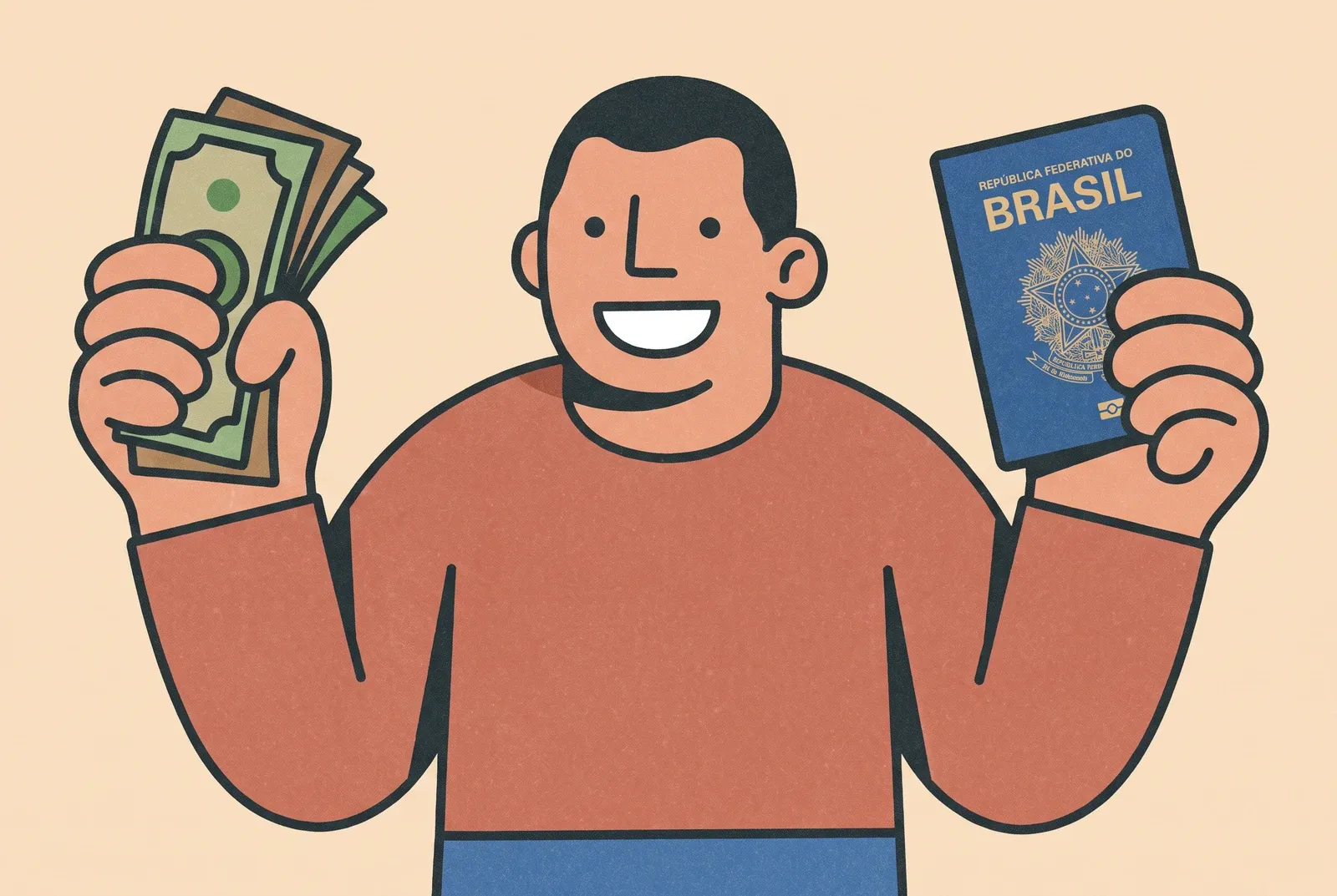 Brazilian passport on a table with American coins beside it, representing the 2026 consular fees