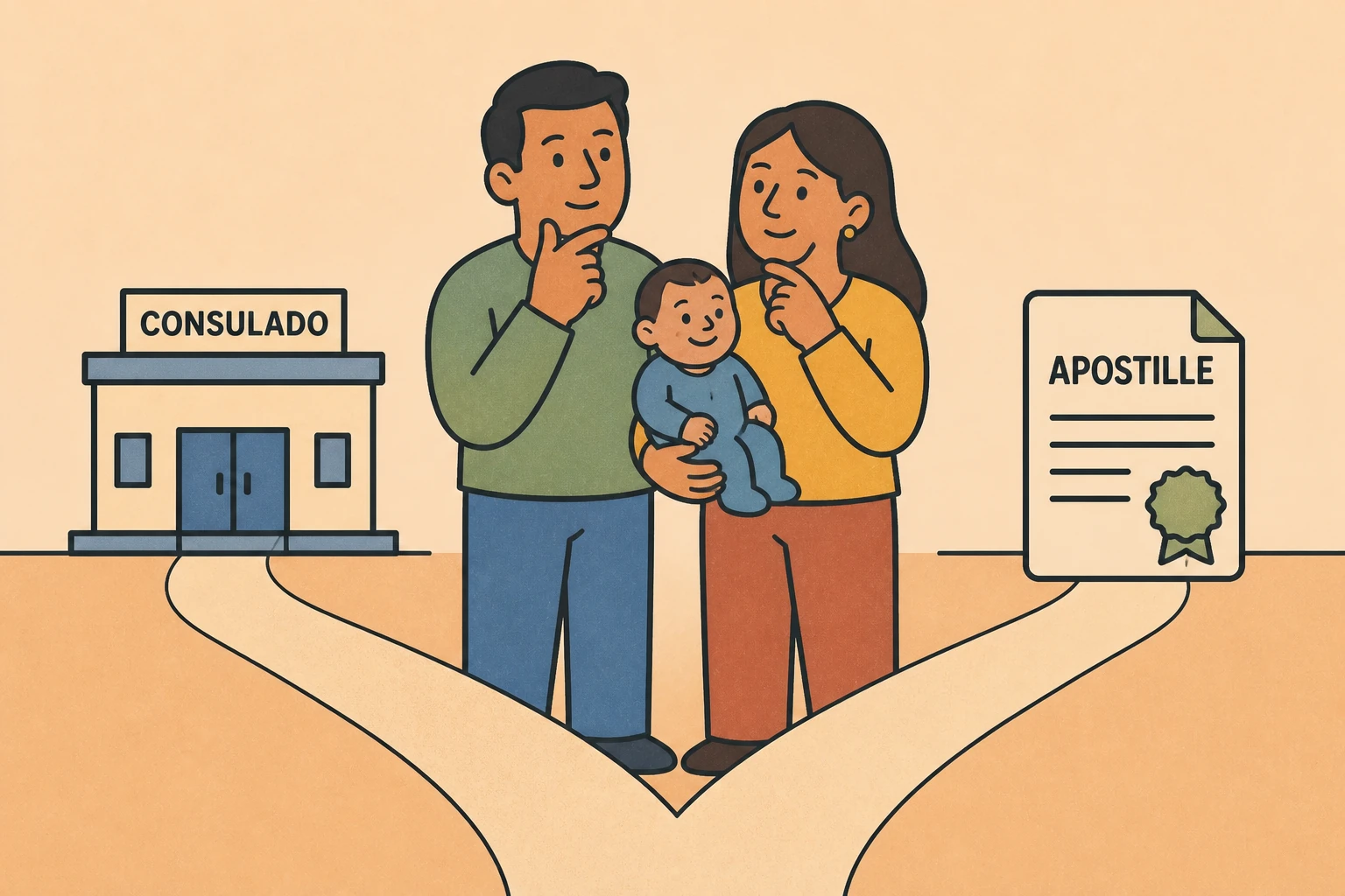 Illustration of Brazilian parents with a baby choosing between a path to the consulate and a path to an apostilled document.