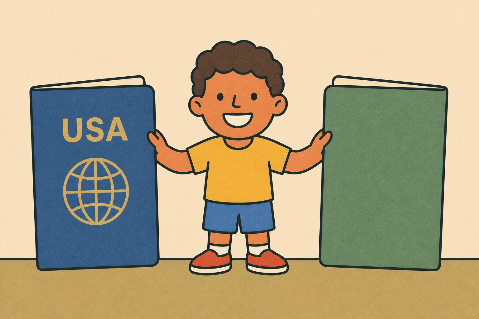 Ilustración de un niño sonriendo entre dos pasaportes, uno de Estados Unidos y otro de Brasil.