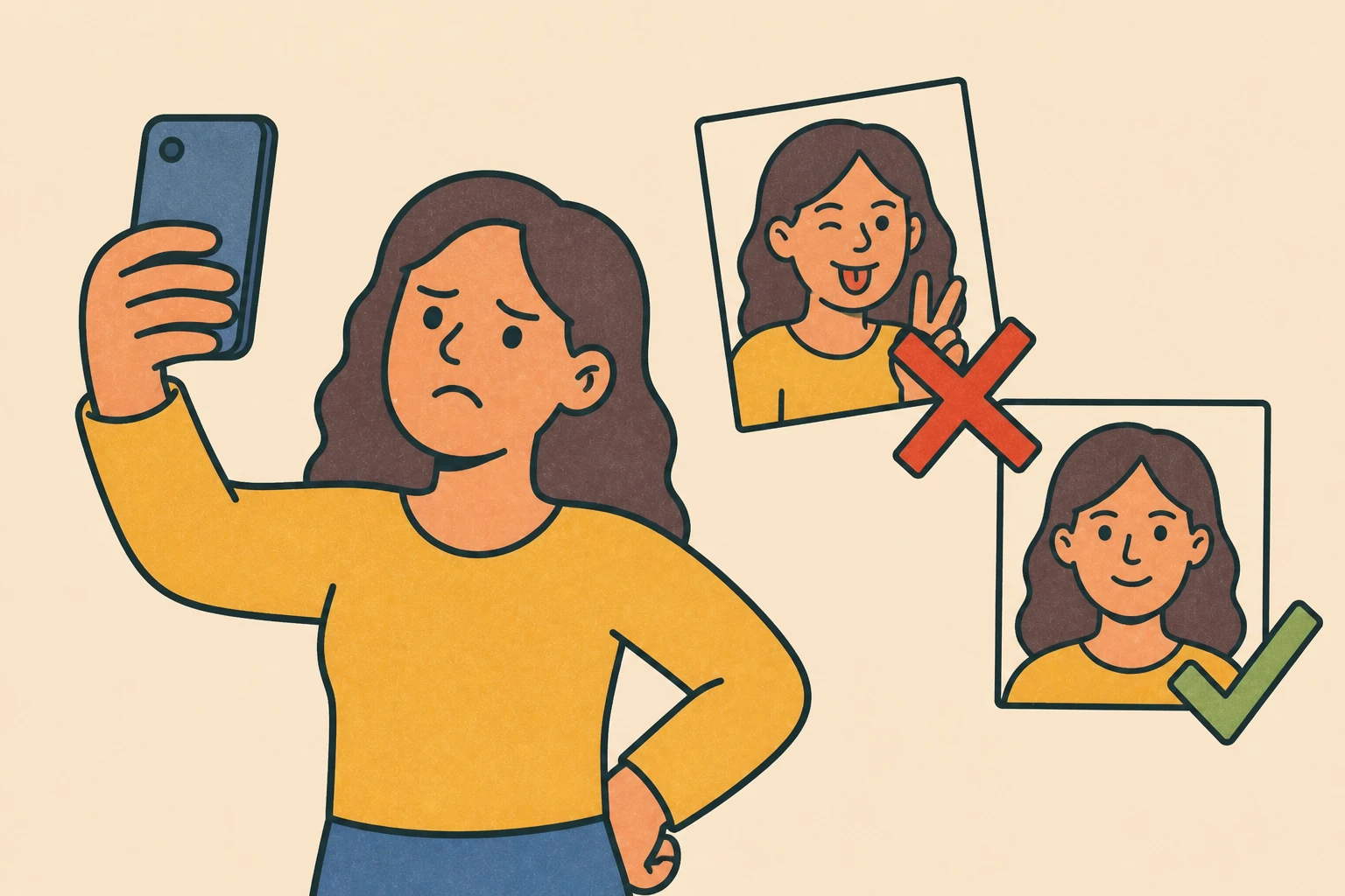 Ilustración de una mujer tomándose una selfie incorrecta marcada con una X, junto a una foto de pasaporte correcta marcada con una palomita.